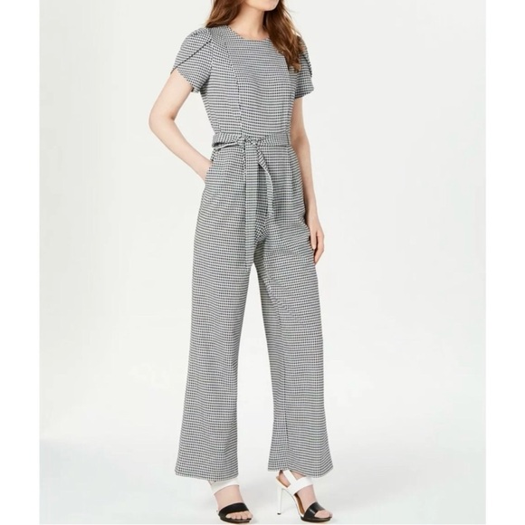 NWT Calvin Klein Tulip Sleeve Gingham Pattern Jumpsuit Tie Waist Pockets Size 12 - Picture 2 of 14